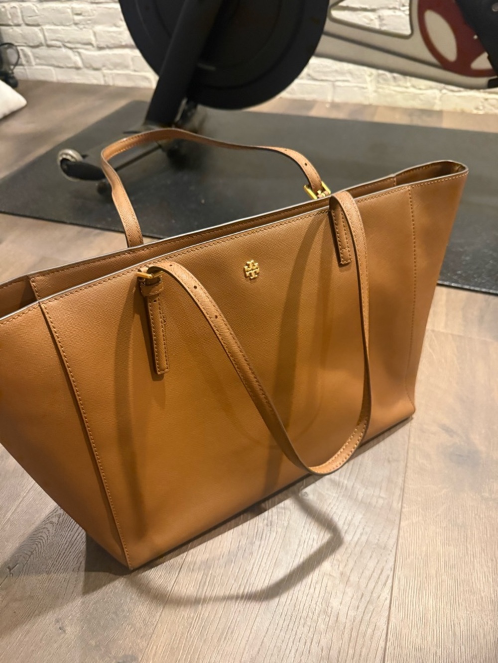 Tory Burch Brown Leather Tote Shoulder Bag with Gold Logo